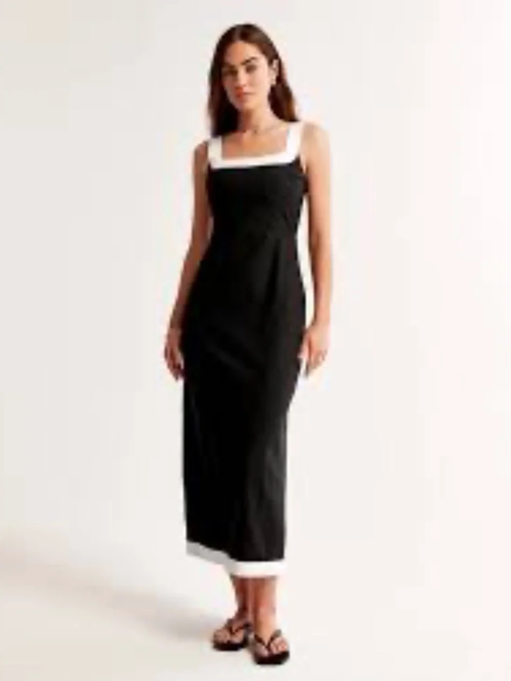 Abercrombie & Fitch Linen-Blend Squareneck Maxi Dress with Cream Straps and Hem
